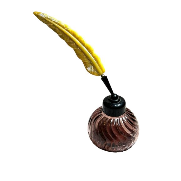 Vintage Avon Glass Ink Bottle With Yellow Feather Quill Pen Set - Empty - Picture 3 of 9